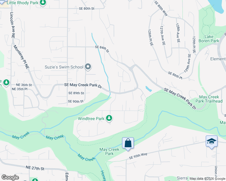 map of restaurants, bars, coffee shops, grocery stores, and more near 12012 Southeast May Creek Park Drive in Newcastle