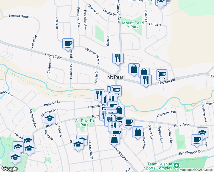 map of restaurants, bars, coffee shops, grocery stores, and more near 21 Blade Crescent in Mount Pearl