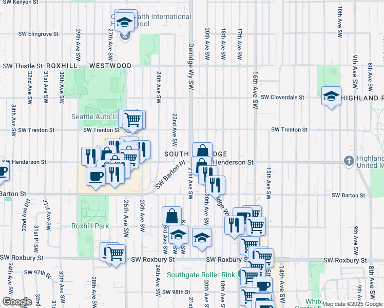 map of restaurants, bars, coffee shops, grocery stores, and more near Delridge Way SW & 21st Ave SW in Seattle