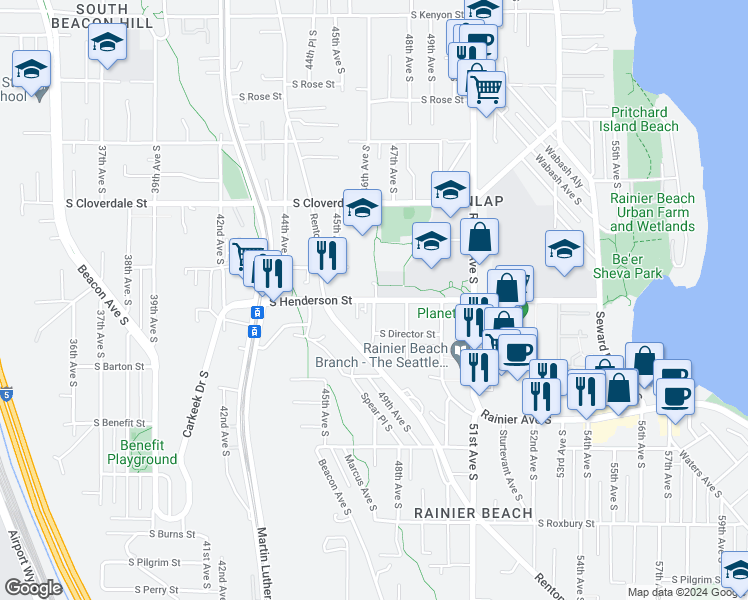 map of restaurants, bars, coffee shops, grocery stores, and more near 46th Avenue South & South Henderson Street in Seattle