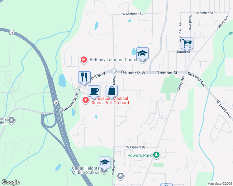map of restaurants, bars, coffee shops, grocery stores, and more near 234 May Street in Port Orchard