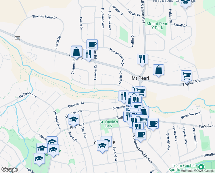 map of restaurants, bars, coffee shops, grocery stores, and more near 86 Castors Drive in Mount Pearl