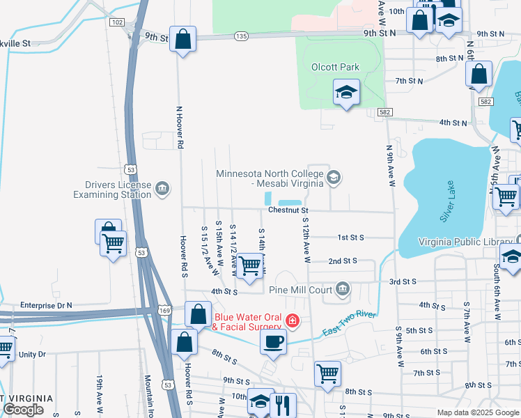 map of restaurants, bars, coffee shops, grocery stores, and more near 1303 Chestnut Street West in Virginia