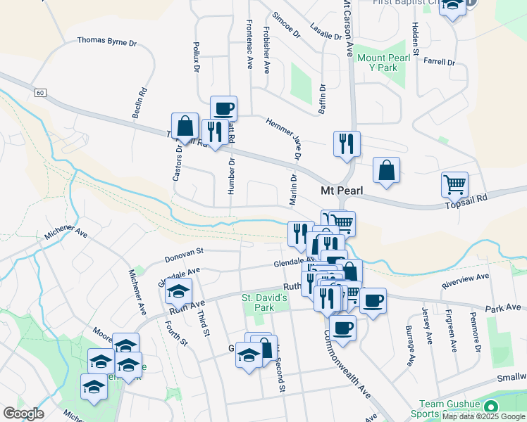 map of restaurants, bars, coffee shops, grocery stores, and more near 88 Castors Drive in Mount Pearl