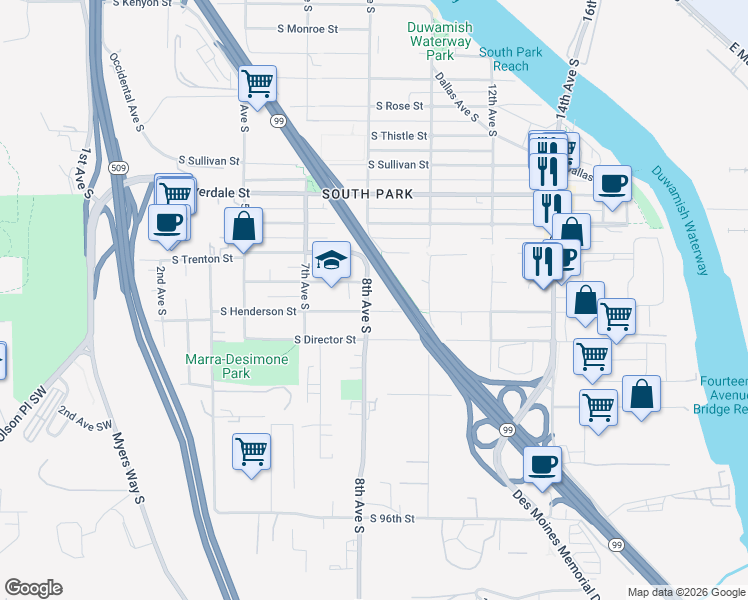 map of restaurants, bars, coffee shops, grocery stores, and more near 817 South Henderson Street in Seattle