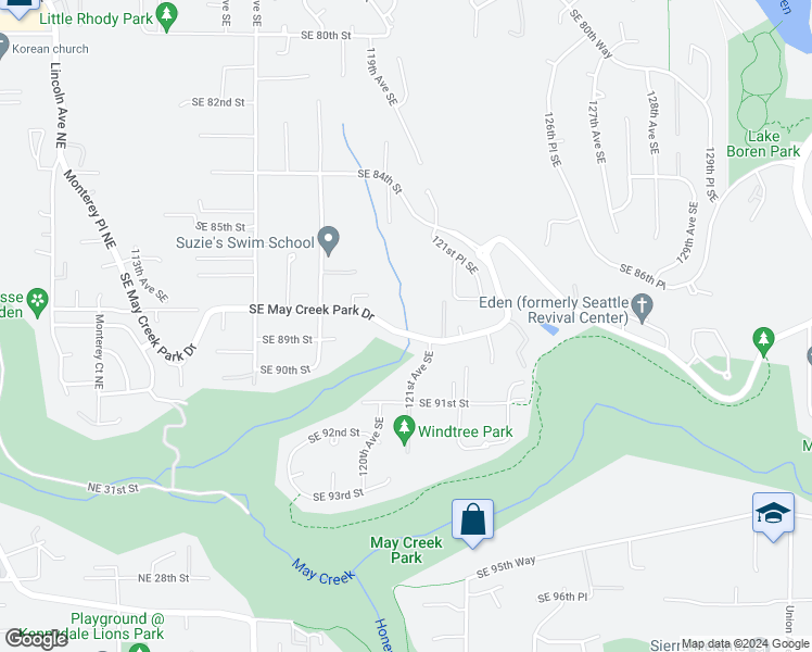 map of restaurants, bars, coffee shops, grocery stores, and more near 12012 Southeast May Creek Park Drive in Newcastle