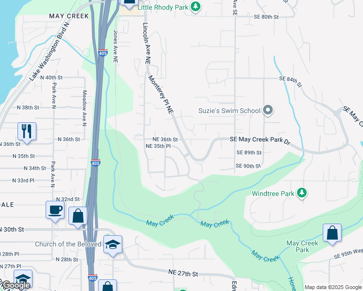 map of restaurants, bars, coffee shops, grocery stores, and more near 3502 Aberdeen Avenue Northeast in Renton