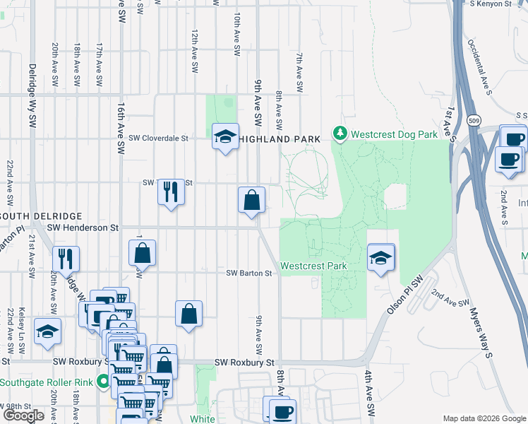 map of restaurants, bars, coffee shops, grocery stores, and more near 8830 9th Avenue Southwest in Seattle