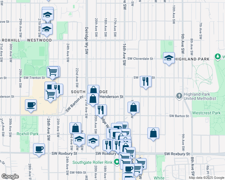map of restaurants, bars, coffee shops, grocery stores, and more near 1700 Southwest Henderson Street in Seattle