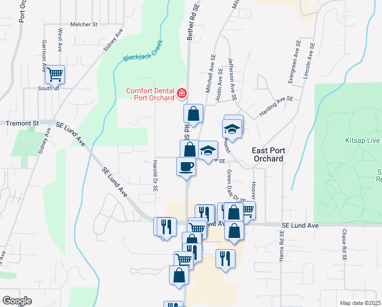 map of restaurants, bars, coffee shops, grocery stores, and more near 2914 Mitchell Road Southeast in Port Orchard