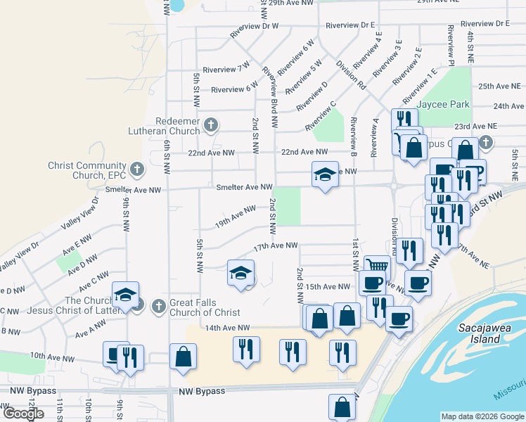 map of restaurants, bars, coffee shops, grocery stores, and more near 201 18th Avenue Northwest in Great Falls