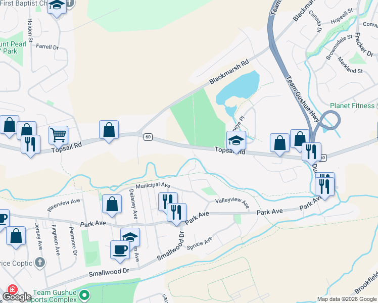 map of restaurants, bars, coffee shops, grocery stores, and more near 34 Forest Avenue in Mount Pearl