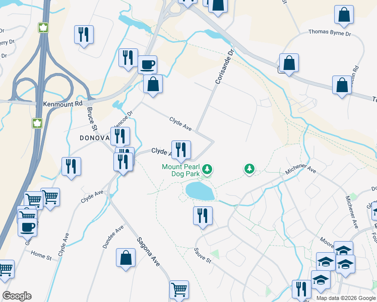 map of restaurants, bars, coffee shops, grocery stores, and more near 44 Clyde Avenue in Mount Pearl