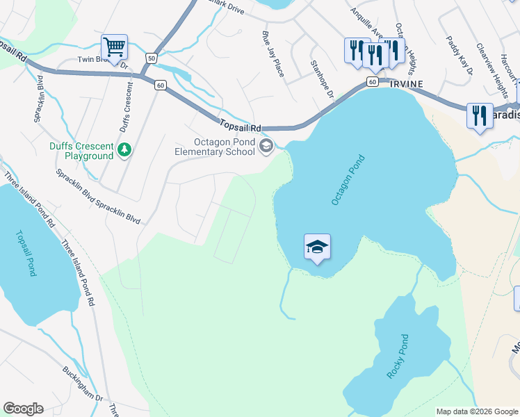 map of restaurants, bars, coffee shops, grocery stores, and more near 87 Trenton Drive in Paradise