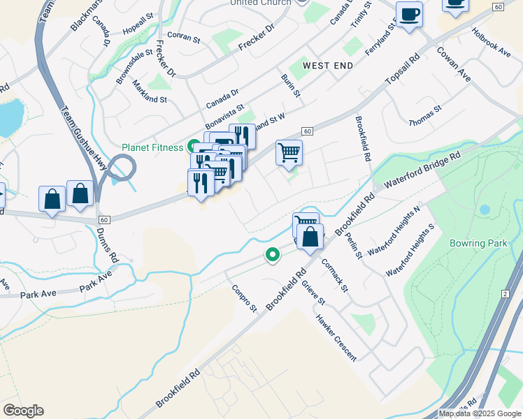 map of restaurants, bars, coffee shops, grocery stores, and more near 2 Devine Place in St. John's