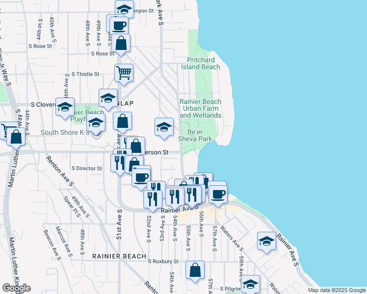 map of restaurants, bars, coffee shops, grocery stores, and more near 5327 South Henderson Street in Seattle