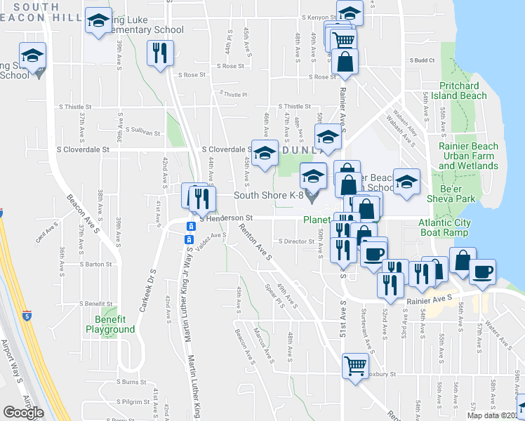 map of restaurants, bars, coffee shops, grocery stores, and more near 4525 South Henderson Street in Seattle