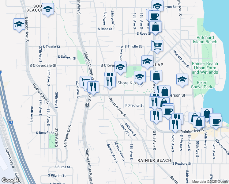 map of restaurants, bars, coffee shops, grocery stores, and more near 4525 South Henderson Street in Seattle