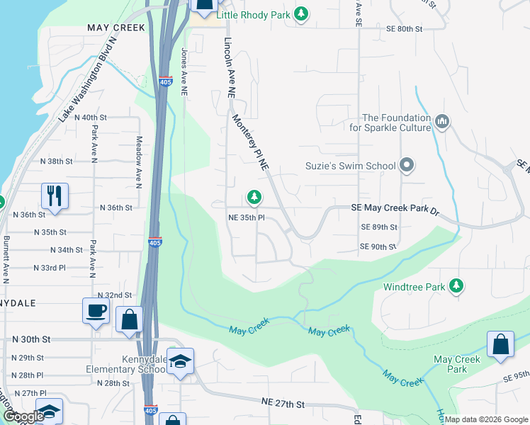 map of restaurants, bars, coffee shops, grocery stores, and more near 2002 Northeast 34th Place in Renton