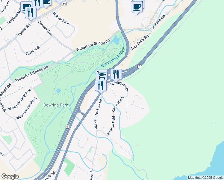 map of restaurants, bars, coffee shops, grocery stores, and more near Dorseys Lane in St. John's