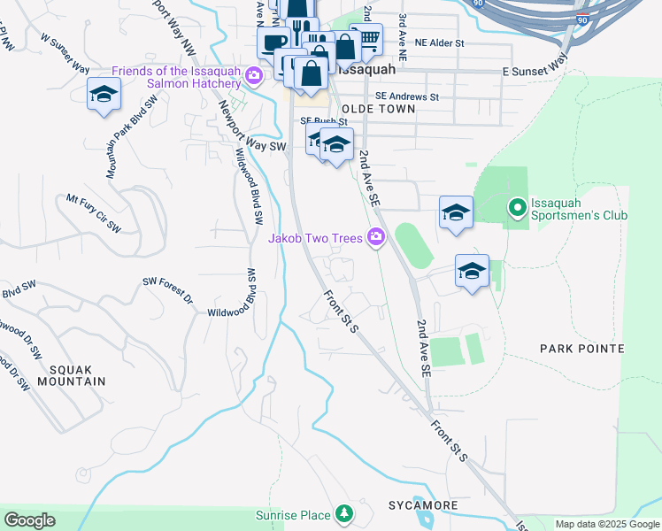map of restaurants, bars, coffee shops, grocery stores, and more near in Issaquah