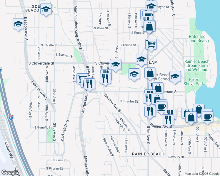 map of restaurants, bars, coffee shops, grocery stores, and more near 4525 South Henderson Street in Seattle