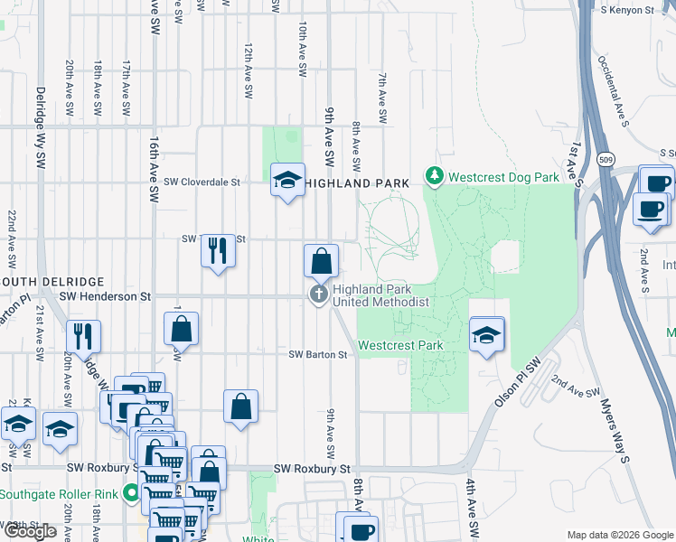 map of restaurants, bars, coffee shops, grocery stores, and more near 8830 9th Avenue Southwest in Seattle