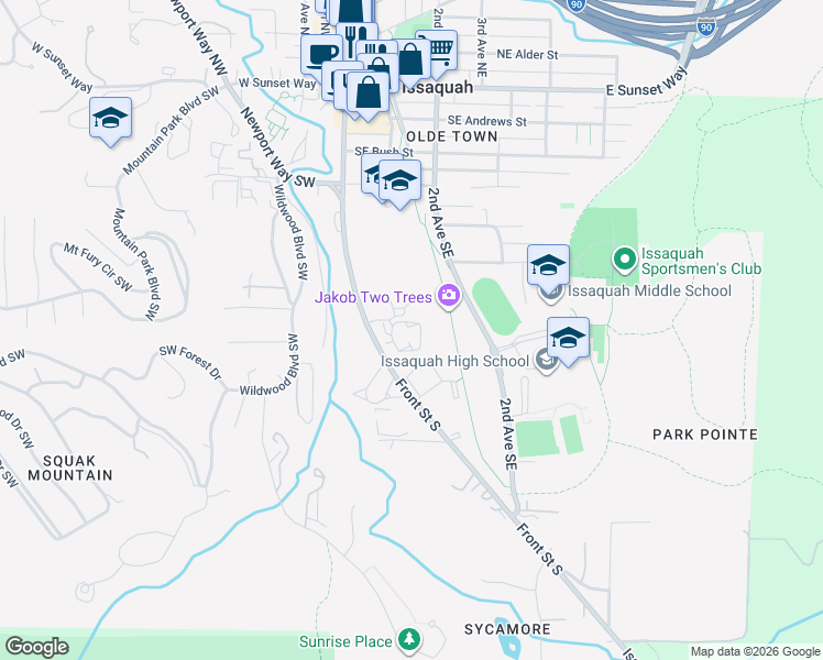 map of restaurants, bars, coffee shops, grocery stores, and more near 600 Front Street South in Issaquah