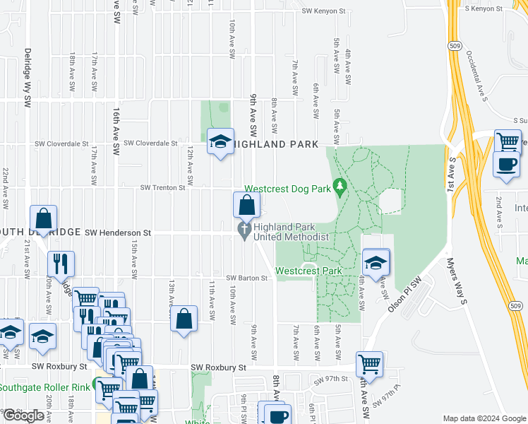 map of restaurants, bars, coffee shops, grocery stores, and more near in Seattle