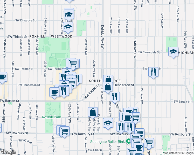 map of restaurants, bars, coffee shops, grocery stores, and more near 8849 Delridge Way Southwest in Seattle