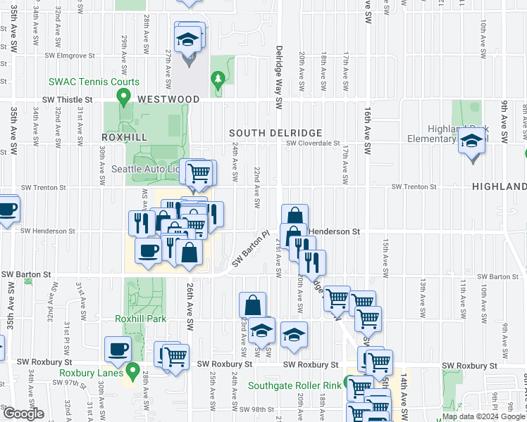 map of restaurants, bars, coffee shops, grocery stores, and more near 8849 Delridge Way Southwest in Seattle