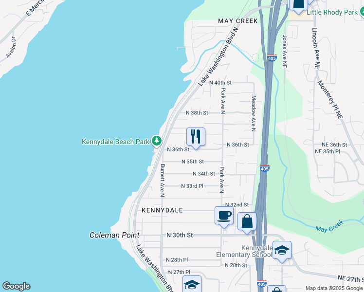 map of restaurants, bars, coffee shops, grocery stores, and more near 1017 North 37th Street in Renton