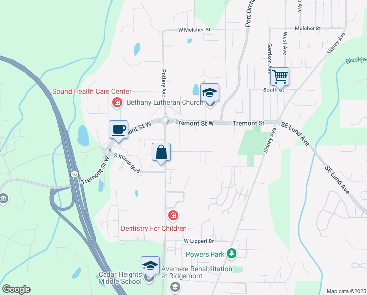 map of restaurants, bars, coffee shops, grocery stores, and more near 1621 Roland Avenue in Port Orchard
