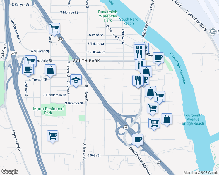 map of restaurants, bars, coffee shops, grocery stores, and more near 1030 South Trenton Street in Seattle