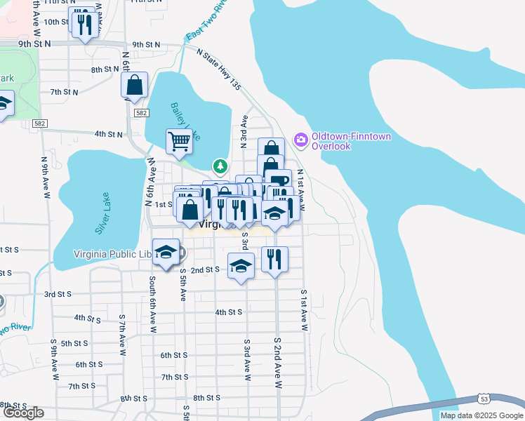 map of restaurants, bars, coffee shops, grocery stores, and more near 214 North State Highway 135 in Virginia