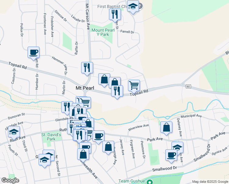 map of restaurants, bars, coffee shops, grocery stores, and more near 958 Topsail Road in Mount Pearl