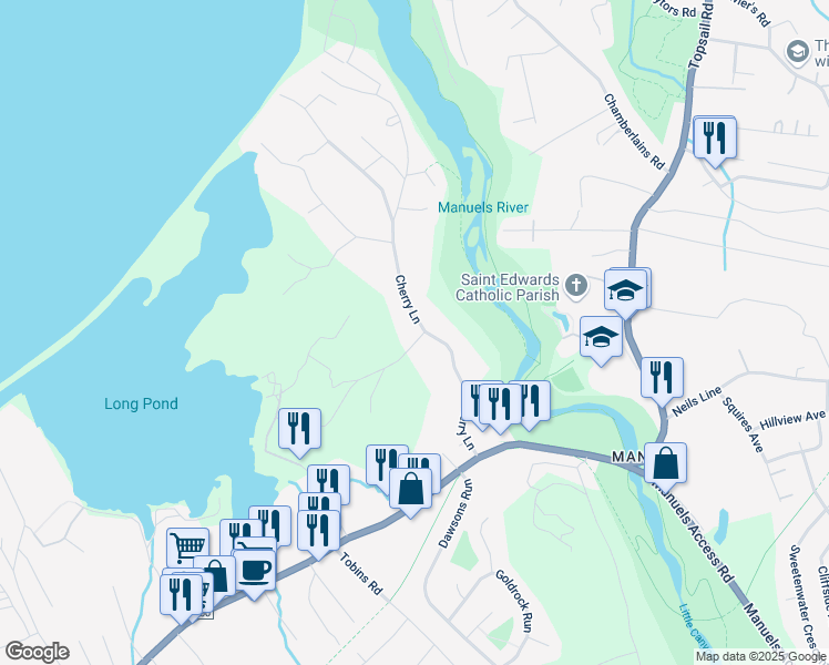 map of restaurants, bars, coffee shops, grocery stores, and more near 51 Cherry Lane in Conception Bay South