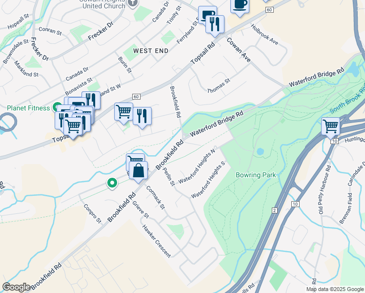 map of restaurants, bars, coffee shops, grocery stores, and more near 61 Brookfield Road in St. John's