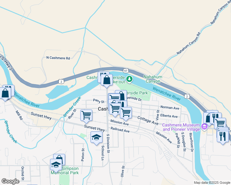 map of restaurants, bars, coffee shops, grocery stores, and more near 412 Aplets Way in Cashmere