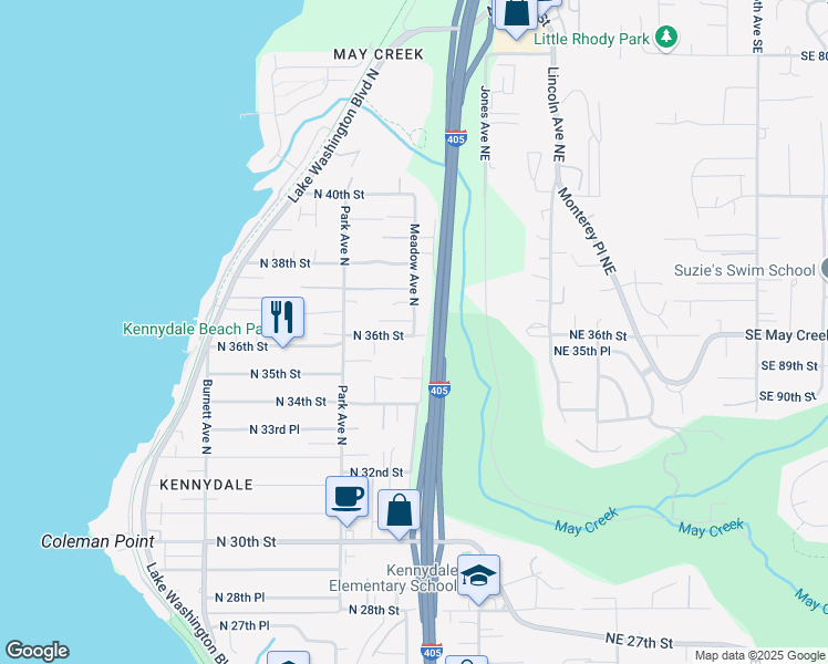 map of restaurants, bars, coffee shops, grocery stores, and more near 3605 Meadow Ave N in Renton