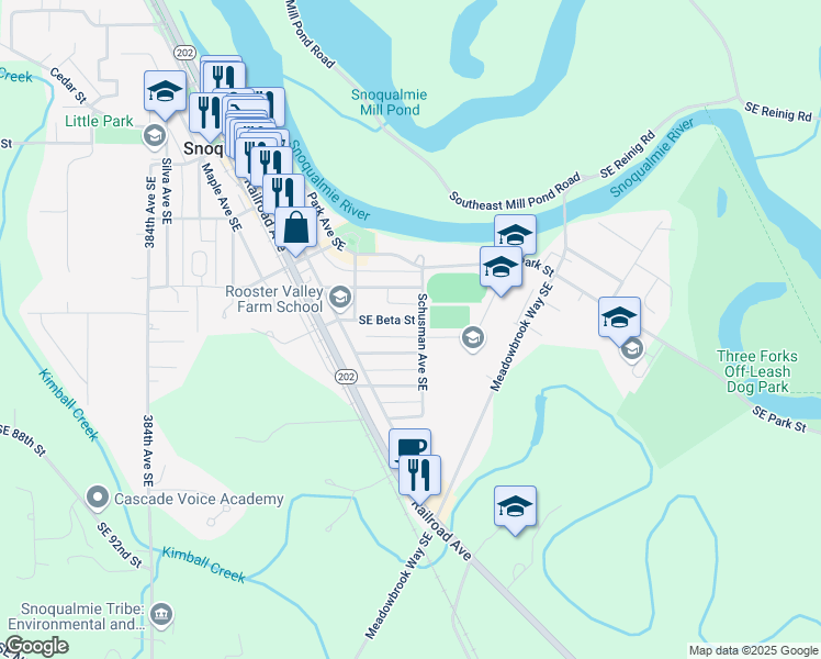 map of restaurants, bars, coffee shops, grocery stores, and more near 8487 Southeast Beta Street in Snoqualmie