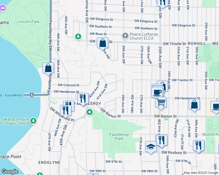 map of restaurants, bars, coffee shops, grocery stores, and more near 8814 41st Avenue Southwest in Seattle