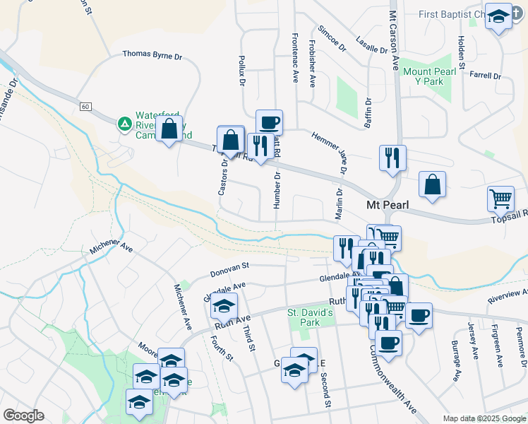 map of restaurants, bars, coffee shops, grocery stores, and more near 6 Grandy Crescent in Mount Pearl