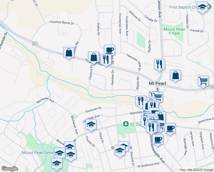map of restaurants, bars, coffee shops, grocery stores, and more near 6 Grandy Crescent in Mount Pearl