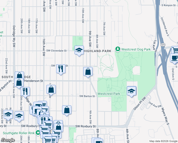 map of restaurants, bars, coffee shops, grocery stores, and more near 8821 9th Avenue Southwest in Seattle