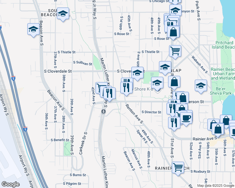 map of restaurants, bars, coffee shops, grocery stores, and more near 8655 Renton Avenue South in Seattle
