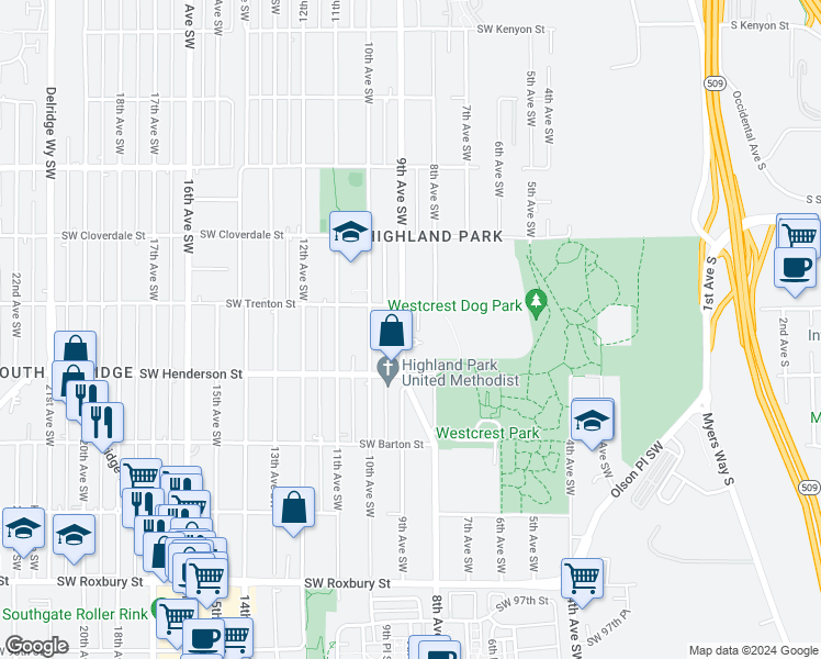 map of restaurants, bars, coffee shops, grocery stores, and more near in Seattle