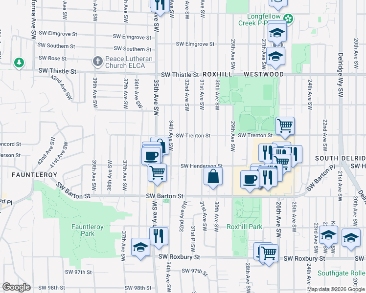 map of restaurants, bars, coffee shops, grocery stores, and more near 3209 Southwest Trenton Street in Seattle
