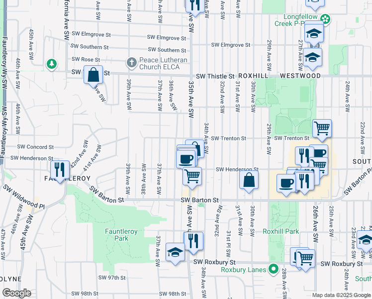 map of restaurants, bars, coffee shops, grocery stores, and more near 3515 Southwest Trenton Street in Seattle