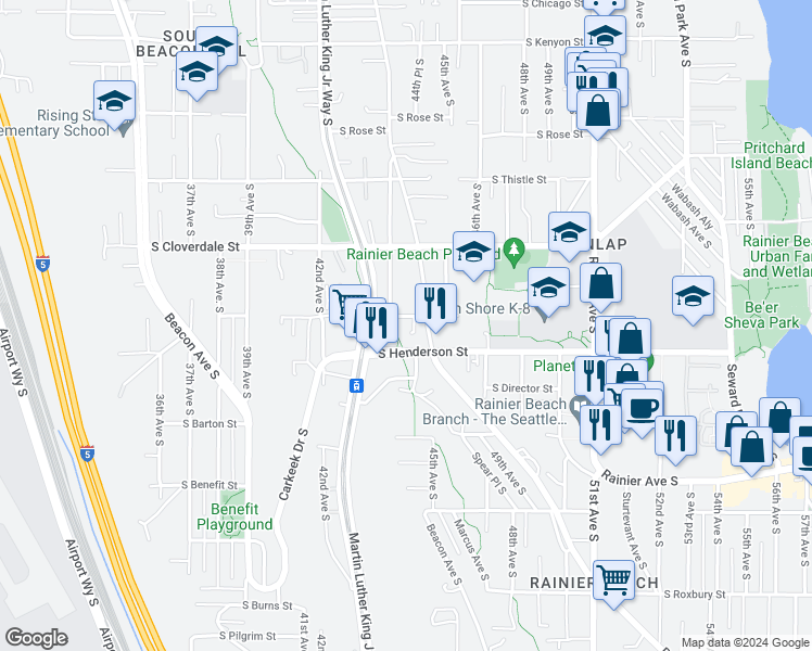 map of restaurants, bars, coffee shops, grocery stores, and more near 4401 South Trenton Street in Seattle